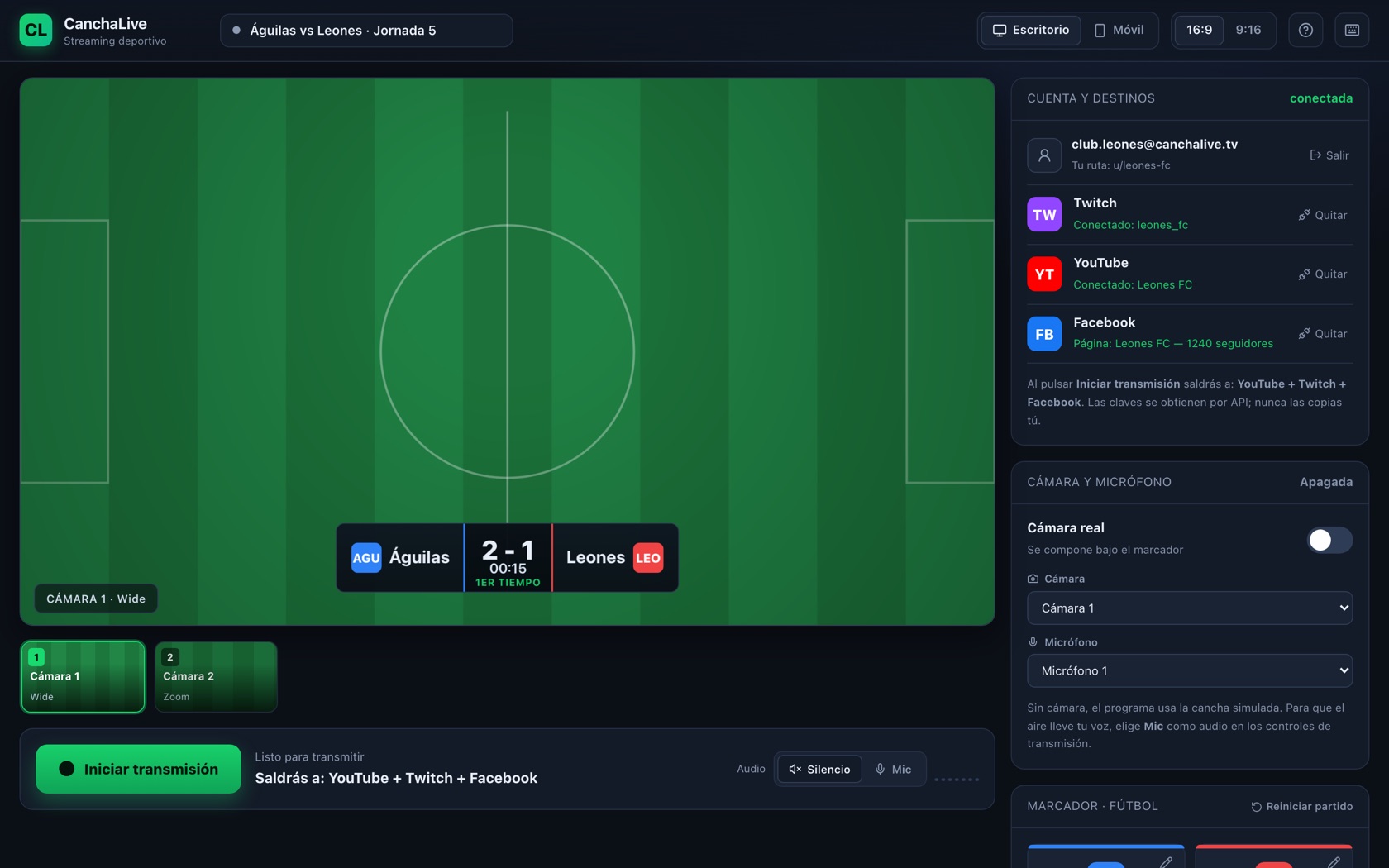 Estudio de CanchaLive en computadora: previa en vivo con marcador Águilas 2-1 Leones, panel de destinos (YouTube, Facebook, Twitch al aire) y editor de marcador