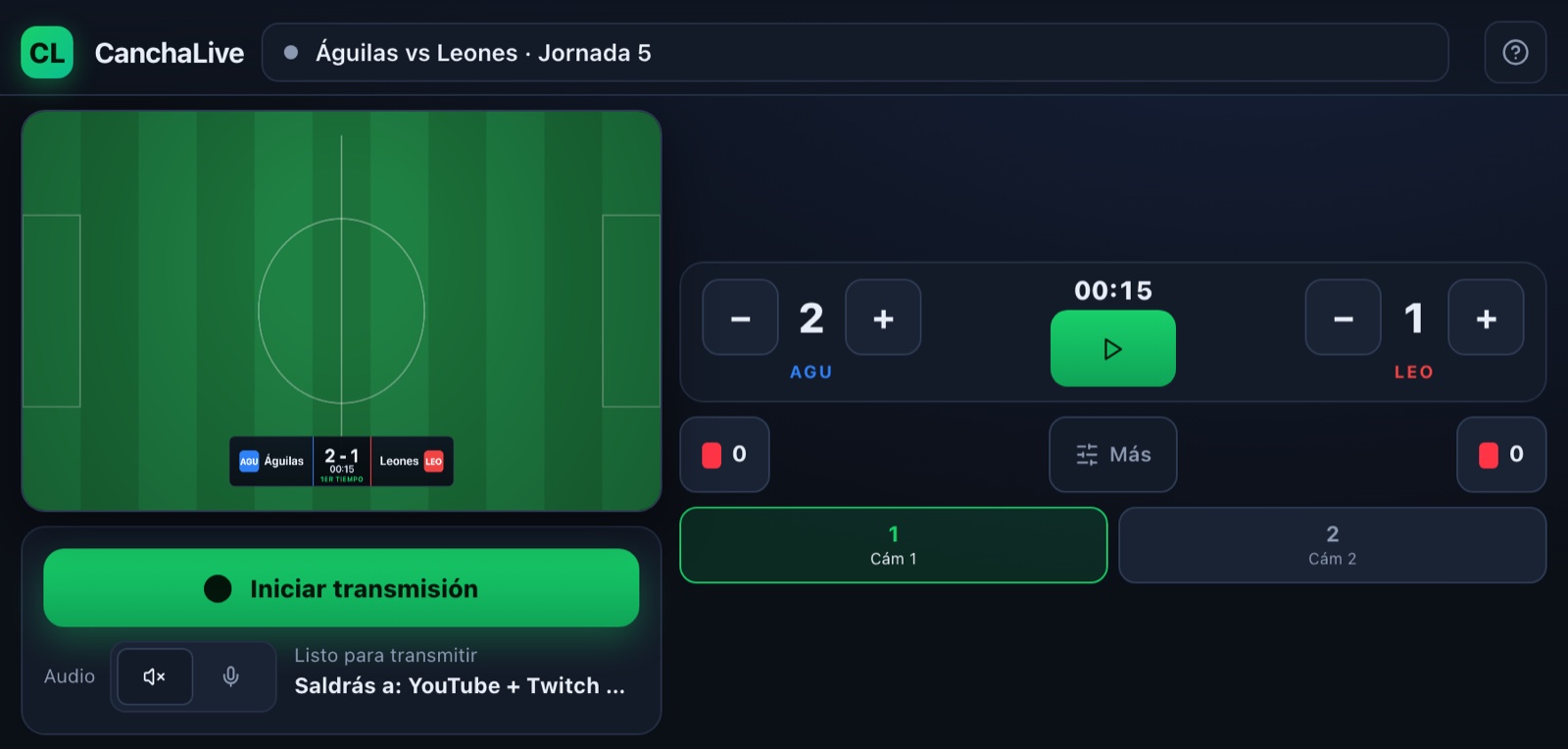 Transmisión en vivo de un partido con el marcador de CanchaLive superpuesto