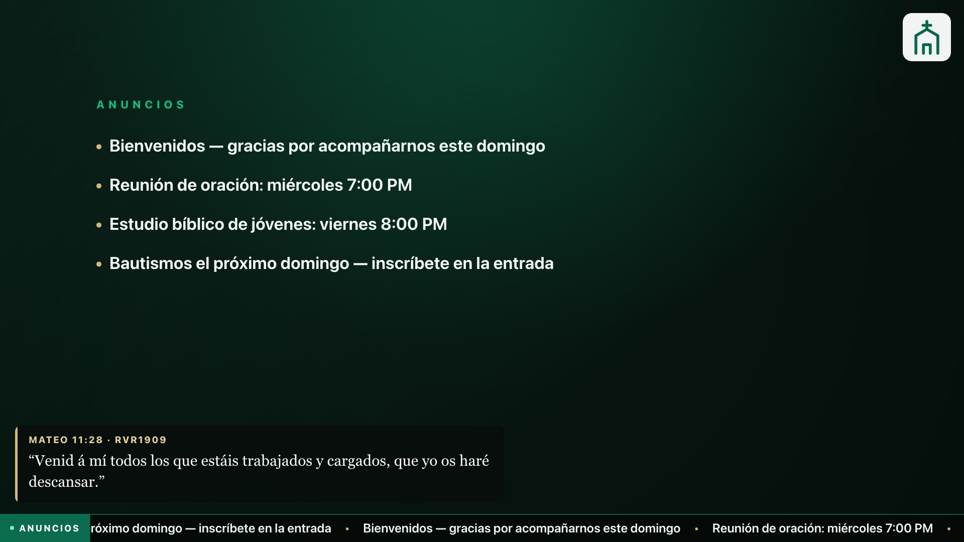 Escena de anuncios a pantalla completa con la lista de avisos del servicio