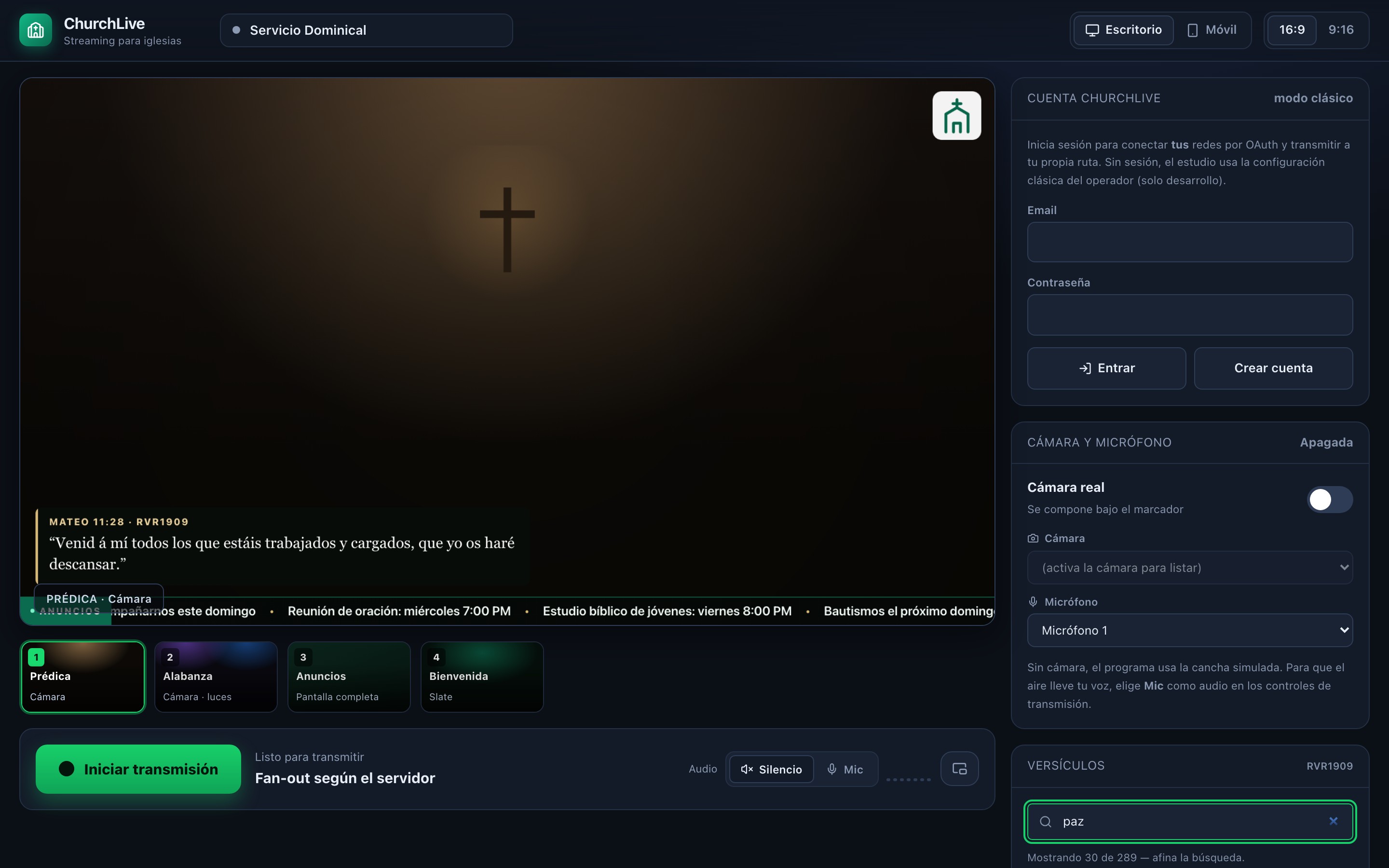 Estudio de ChurchLive en computadora: previa con el versículo al aire, escenas de servicio, buscador de la Biblia y paneles de anuncios y logo