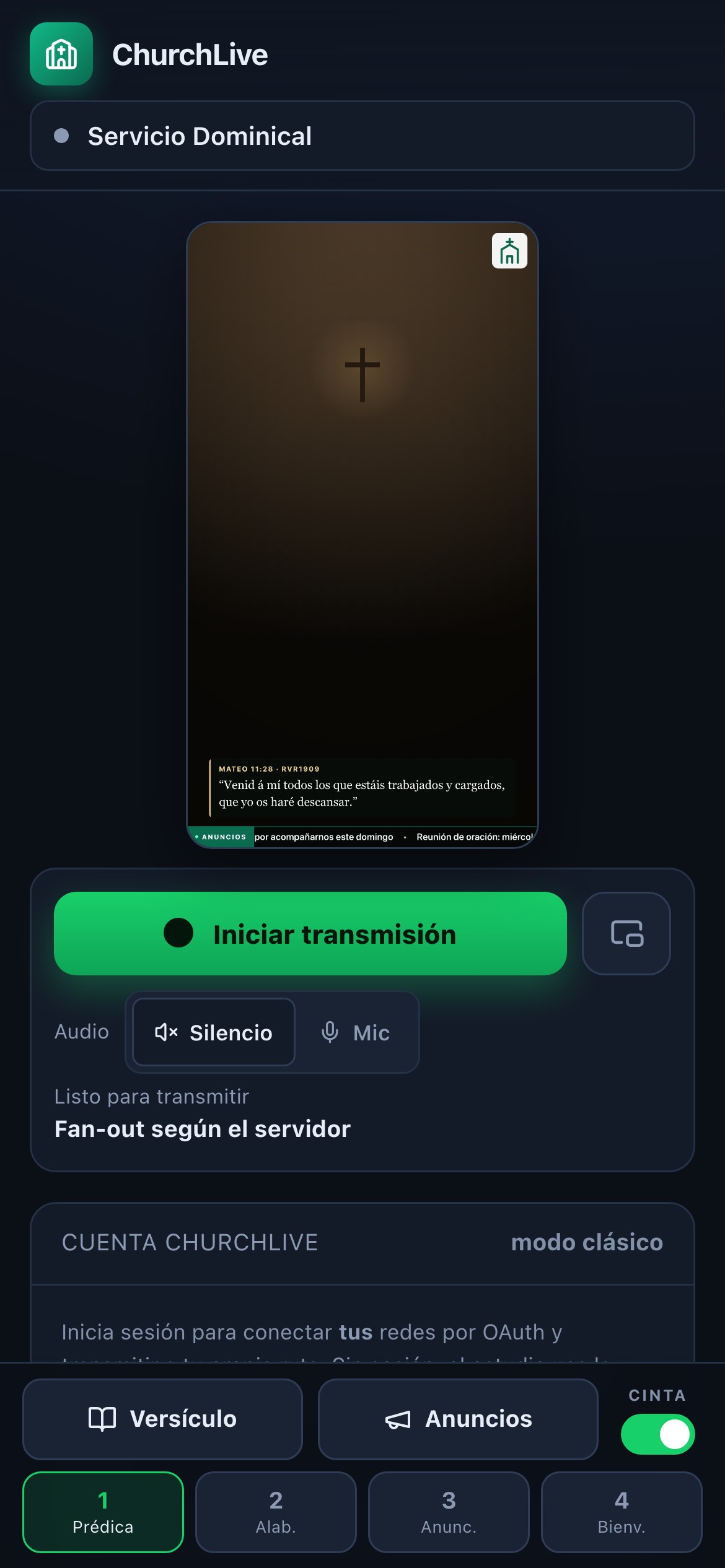Estudio de ChurchLive en un teléfono