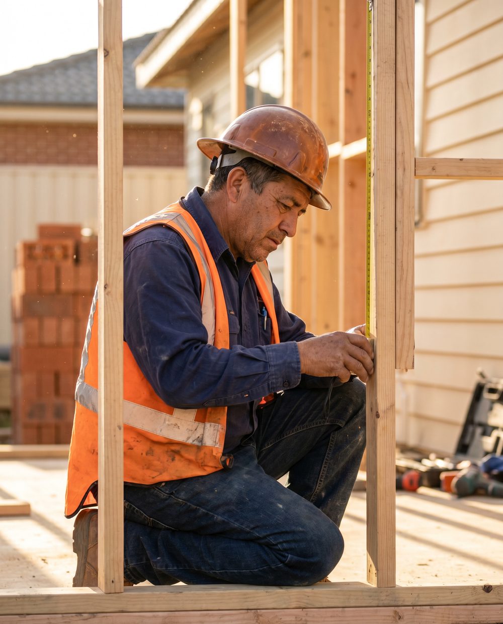 Contratista midiendo en una obra de construcción