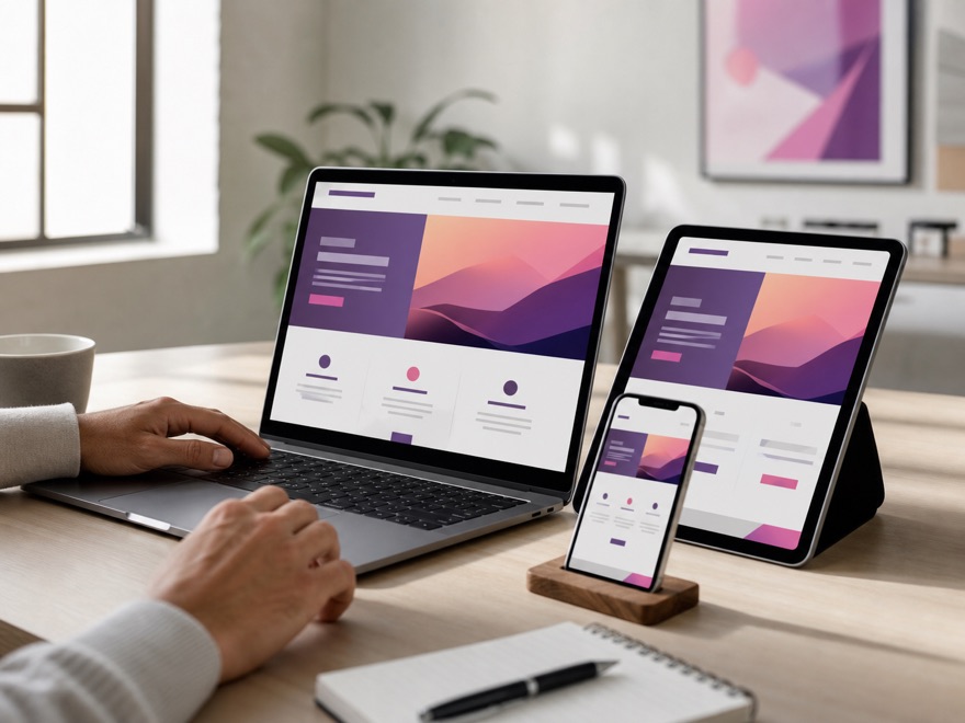 Sitio web de un negocio mostrado en laptop, tablet y celular