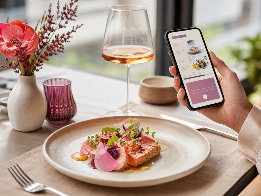 Menú digital de un restaurante en el celular junto a un platillo