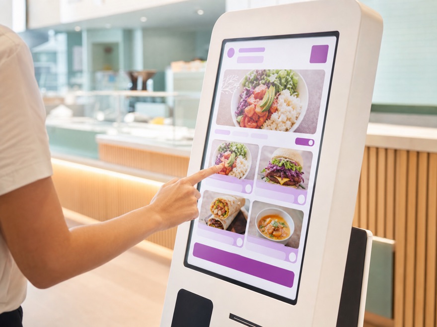 Cliente ordenando en un quiosco de auto-orden dentro de un restaurante