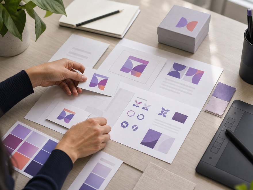 Propuestas de logo y papelería de marca sobre un escritorio